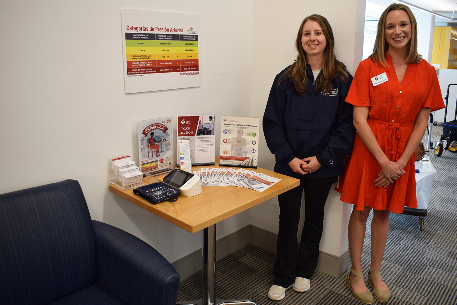 Katelyn Hiatt and Jennifer Graziano with the Self-Measured Blood Pressure Station at the Central Library